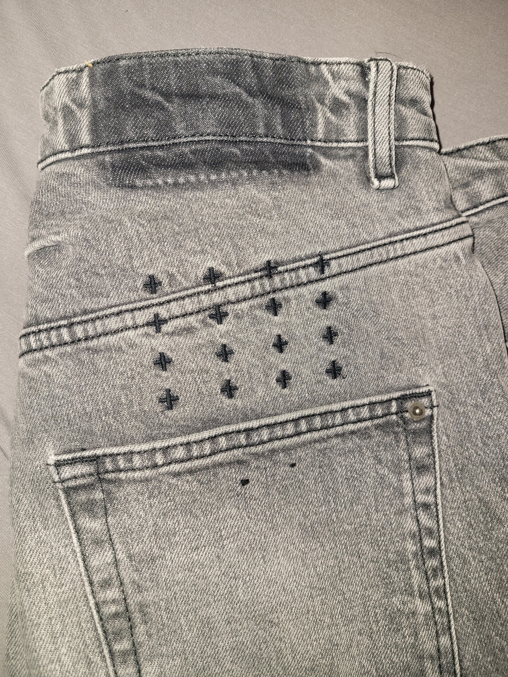 Ksubi Washed Gray High-Rise Jeans with Black Cross Embroidery